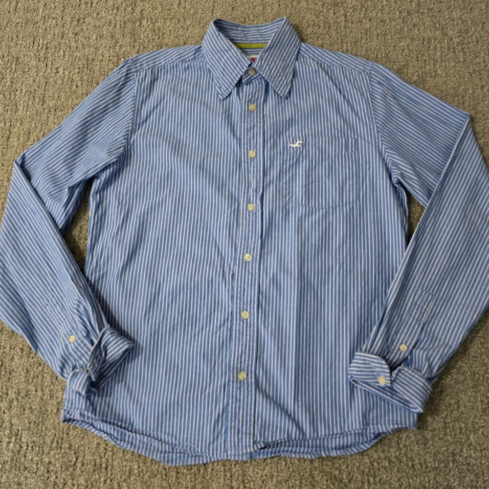 Vintage Hollister M Blue White Stripe Button Up Shirt Cotton Y2K Preppy Surf - Picture 1 of 7